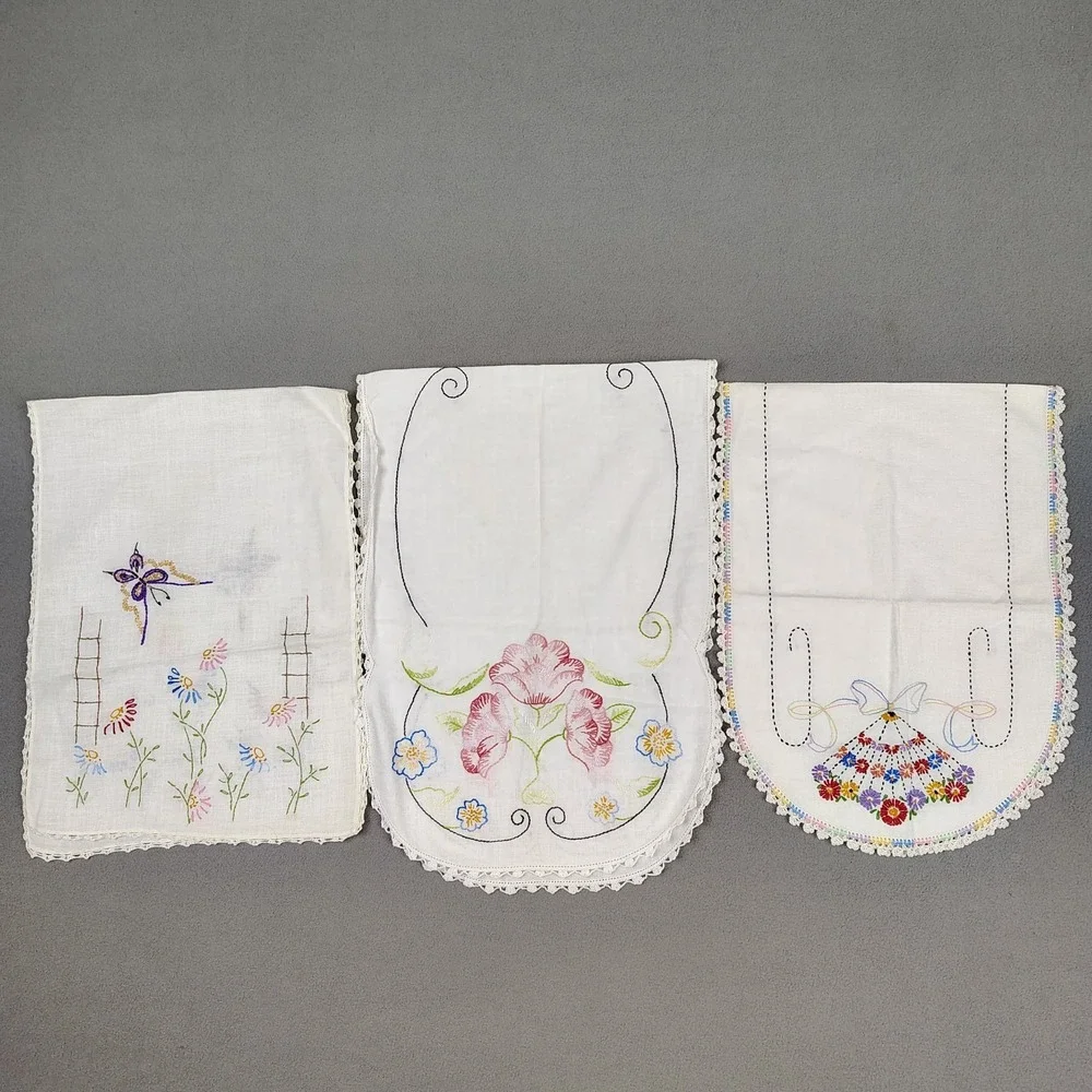 Vintage MCM Floral Table Runner Cloth Set (3) Various Small 36